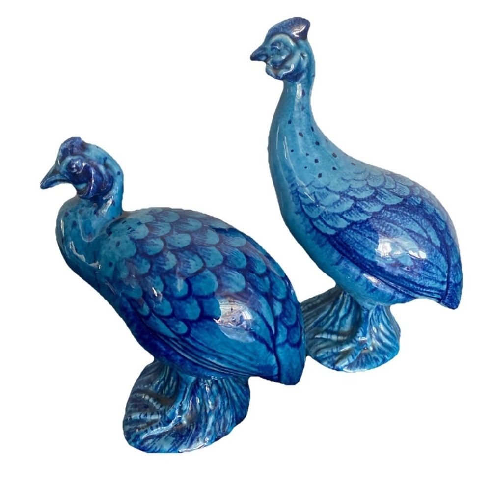 Pair Of Blue Terracotta Chickens, Made In Italy, 8.5” and 10.5” Tall